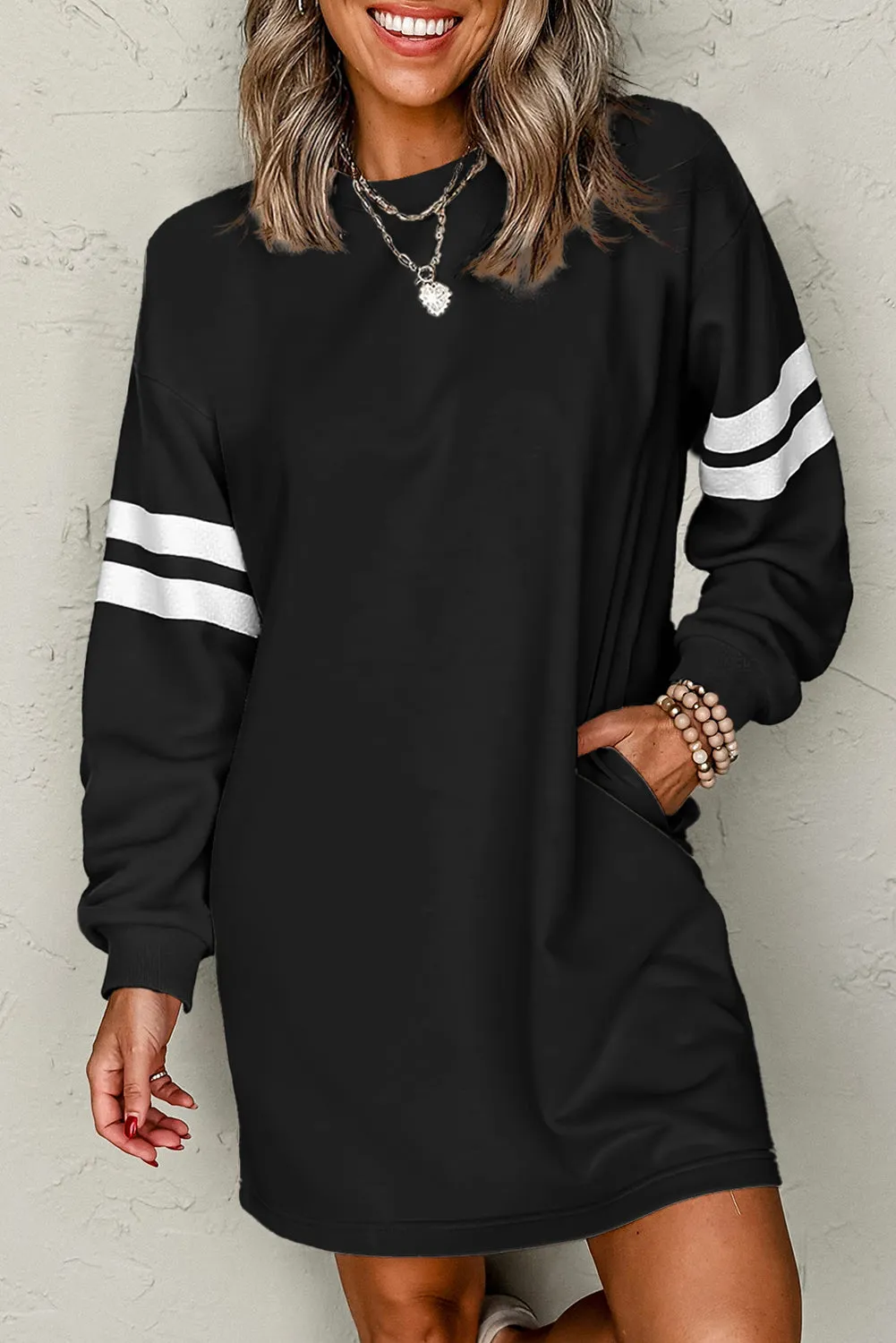 Varsity Contrast Banded Sleeve Shift Sweatshirt Dress sold by Beagle Boutique product image thumbnail 4