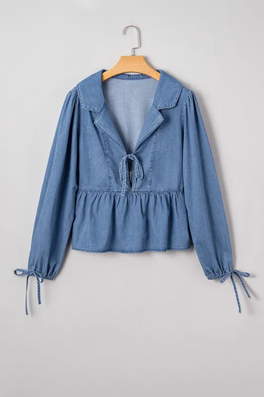Dusk Blue Denim Lapel Neck Balloon Sleeve Tied Peplum Top sold by Beagle Boutique