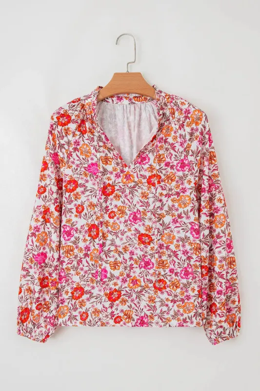 Pink Floral Print Tie Split Neck Bracelet Sleeve Blouse sold by Beagle Boutique