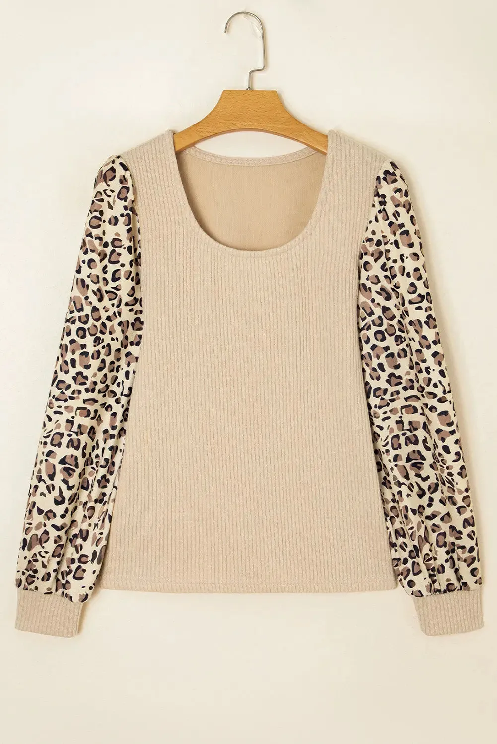 Apricot Leopard Sleeve Patchwork Ribbed Long Sleeve Top sold by Beagle Boutique product image thumbnail 4