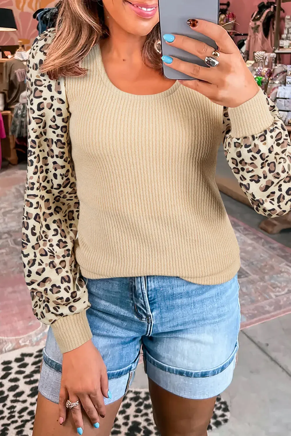 Apricot Leopard Sleeve Patchwork Ribbed Long Sleeve Top sold by Beagle Boutique