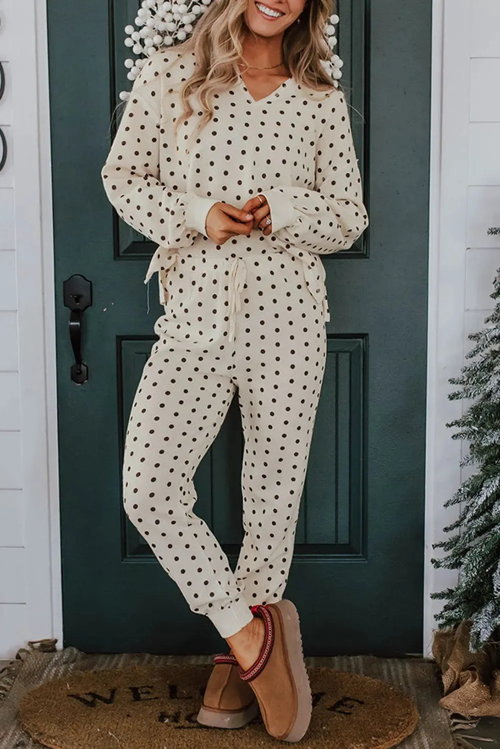 White Polka Dot Print Long Sleeve Top and Drawstring Bottoms Pyjamas sold by Beagle Boutique