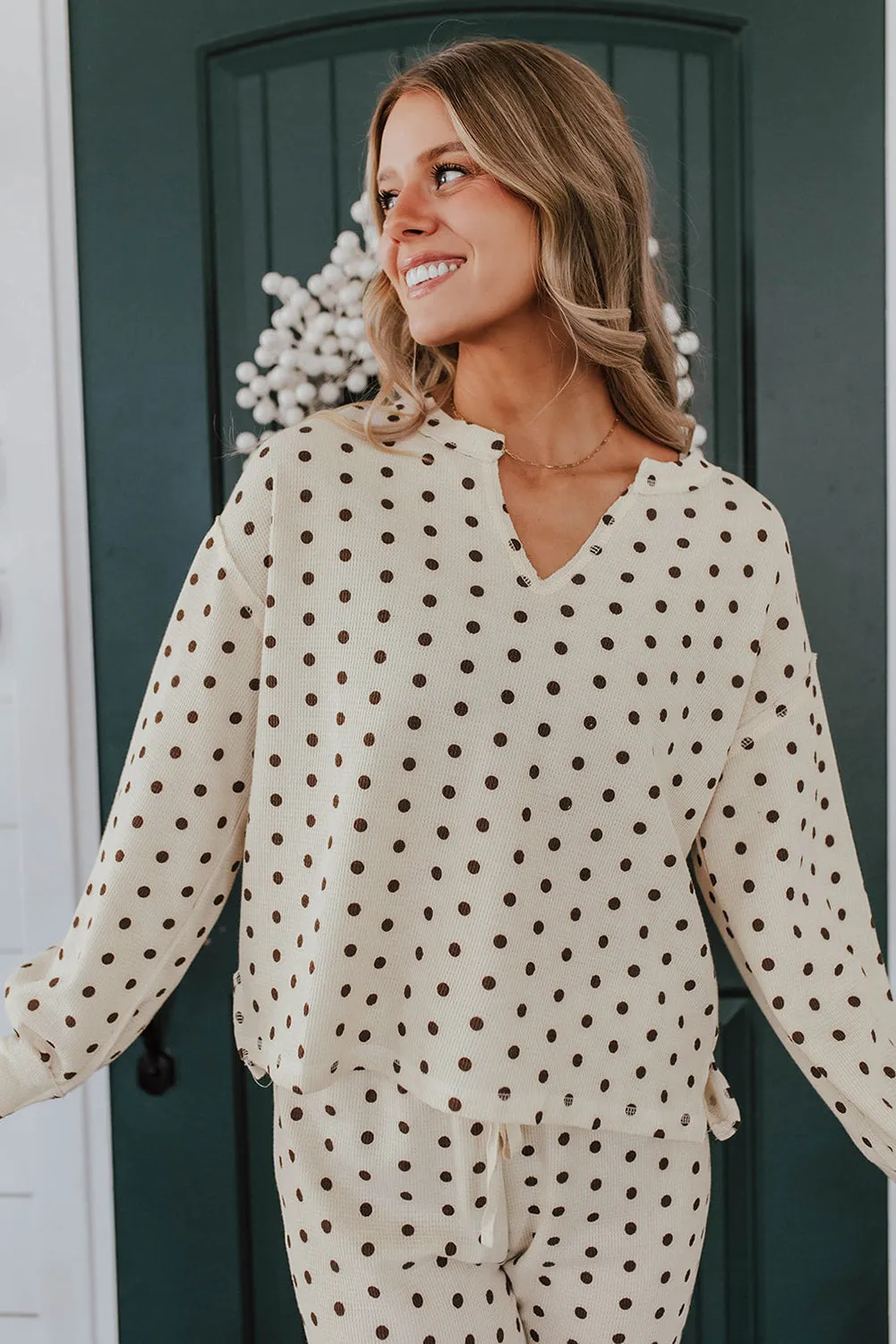 White Polka Dot Print Long Sleeve Top and Drawstring Bottoms Pyjamas sold by Beagle Boutique product image thumbnail 4