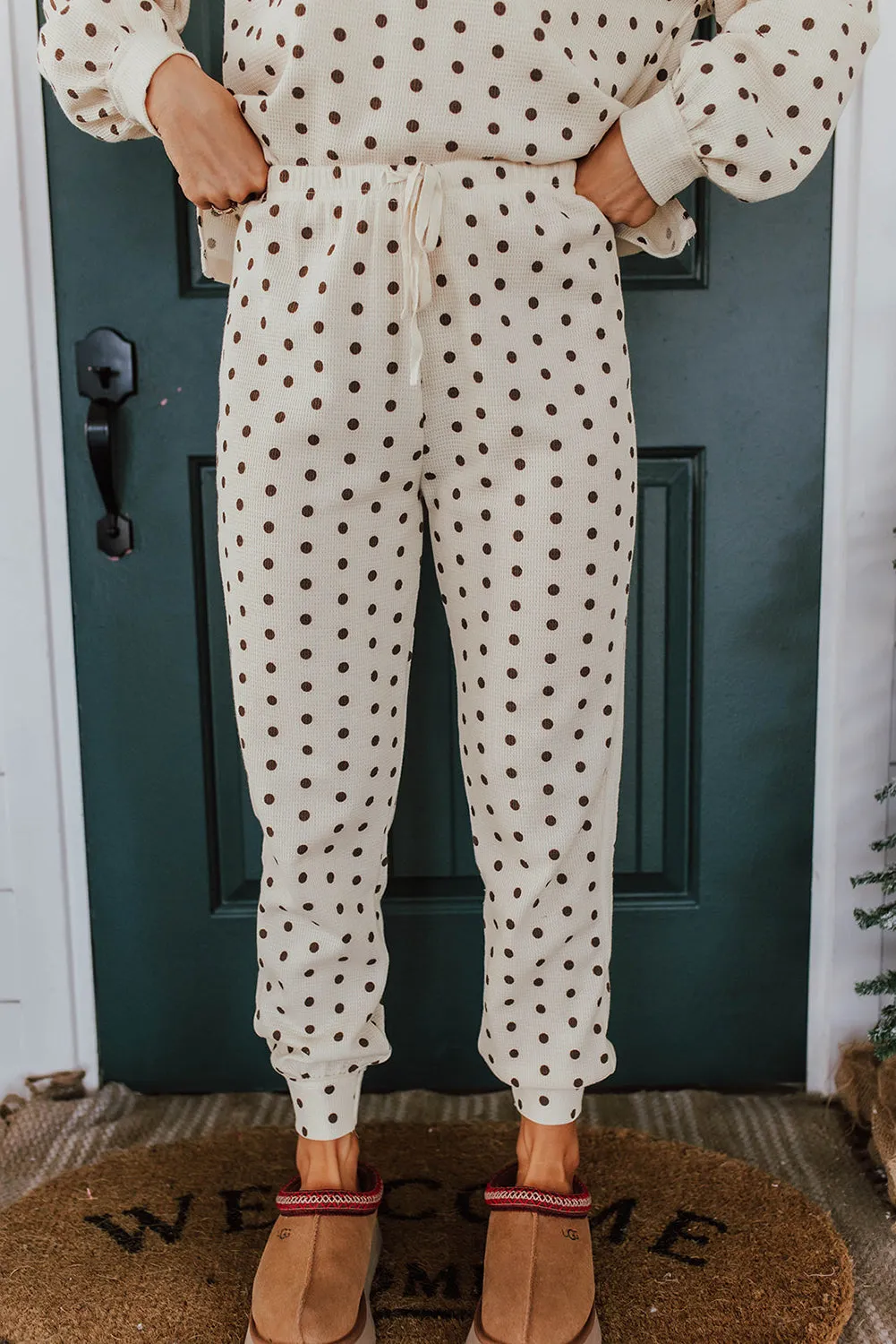 White Polka Dot Print Long Sleeve Top and Drawstring Bottoms Pyjamas sold by Beagle Boutique product image thumbnail 3