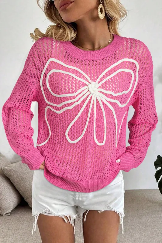 Sachet Pink Sweet Bow Decor Hollow Out Knit Drop Shoulder Sweater sold by Beagle Boutique
