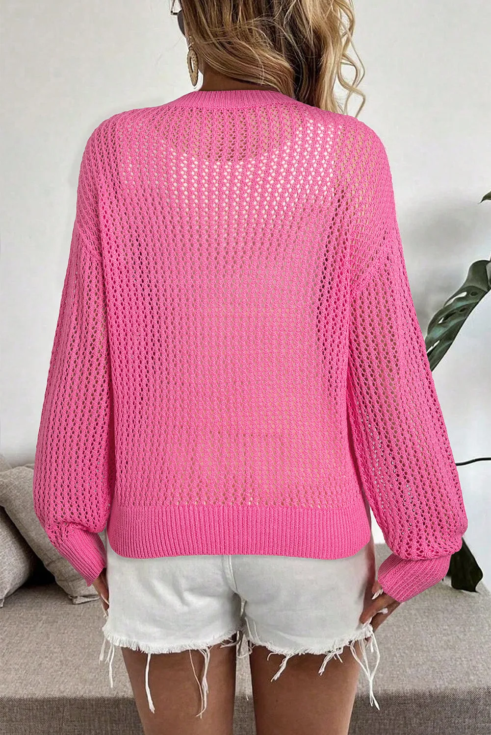 Sachet Pink Sweet Bow Decor Hollow Out Knit Drop Shoulder Sweater sold by Beagle Boutique product image thumbnail 2