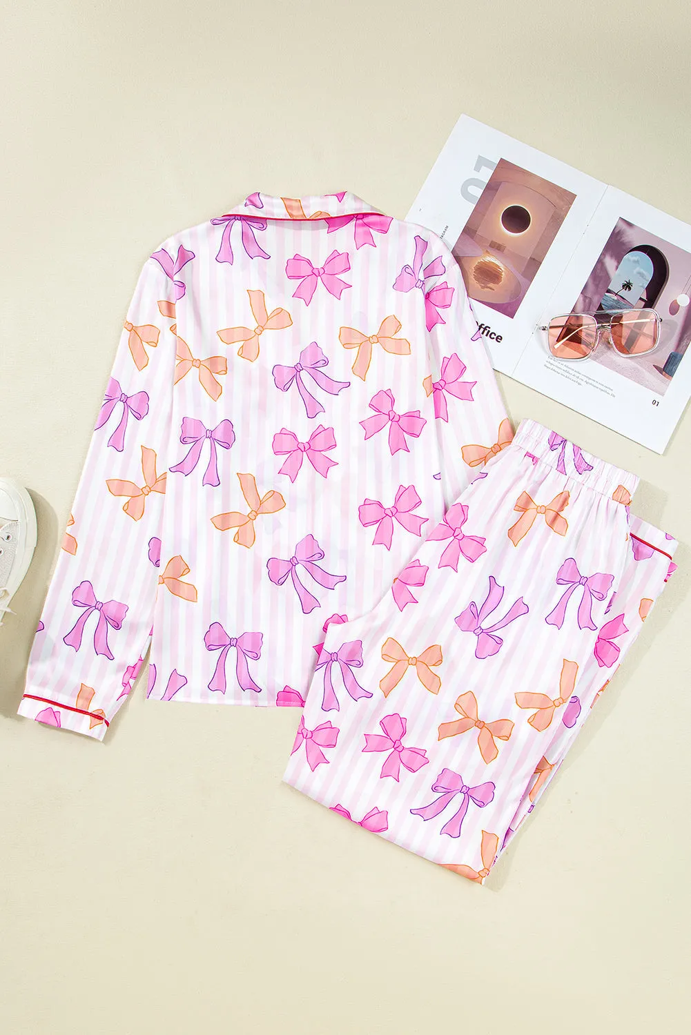 Pink Striped Bow Print Contrast Piping Trim Shirt and Bottoms Pyjama Set sold by Beagle Boutique product image thumbnail 4