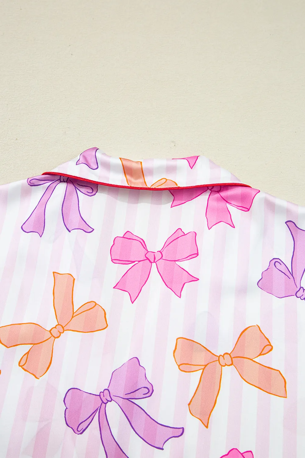 Pink Striped Bow Print Contrast Piping Trim Shirt and Bottoms Pyjama Set sold by Beagle Boutique product image thumbnail 5
