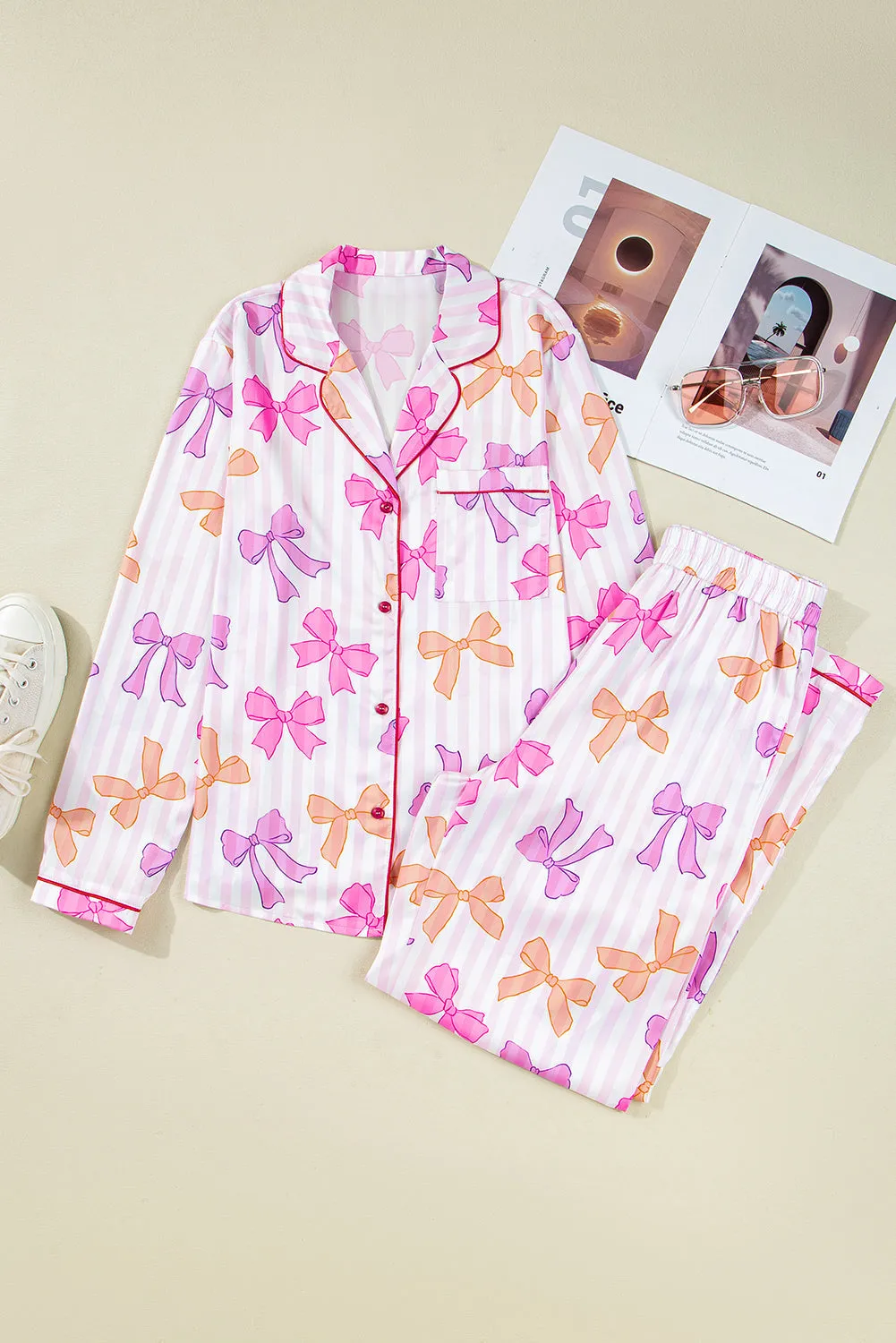 Pink Striped Bow Print Contrast Piping Trim Shirt and Bottoms Pyjama Set sold by Beagle Boutique product image thumbnail 3