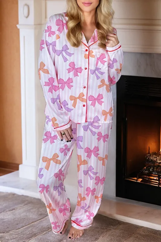 Pink Striped Bow Print Contrast Piping Trim Shirt and Bottoms Pyjama Set sold by Beagle Boutique