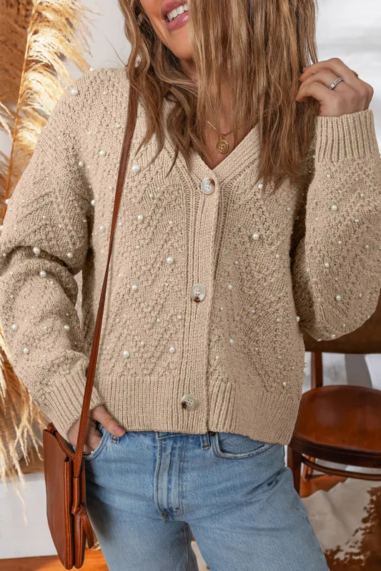 Pearl Embellished Buttoned V-Neck Knit Cardigan sold by Beagle Boutique