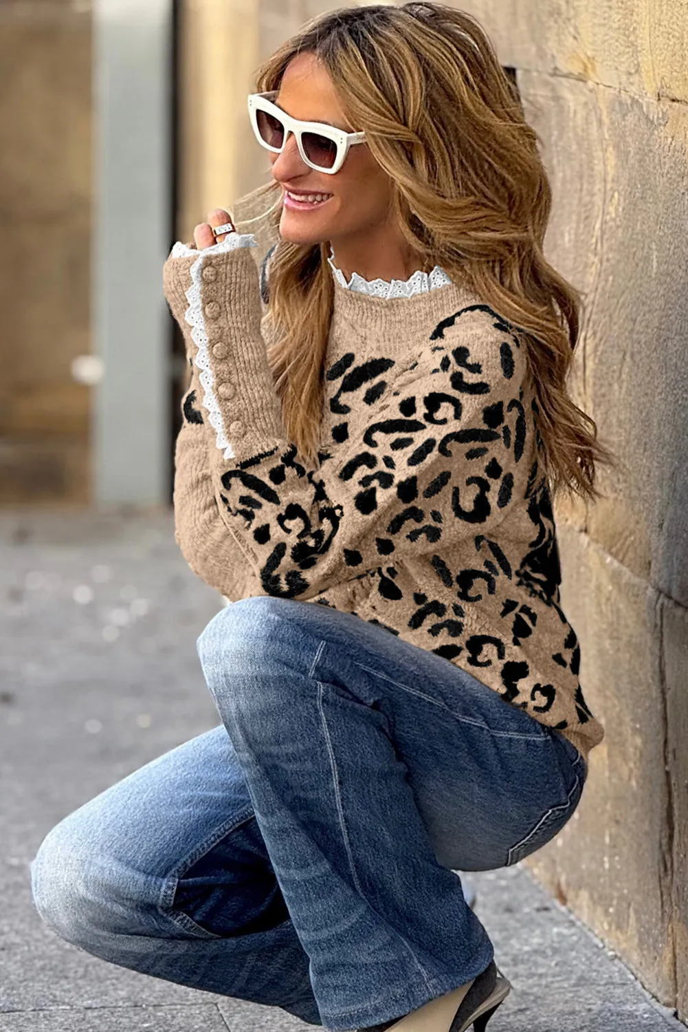 Brown Leopard Pattern Lace Ribbed Detail Button Cuffed Sweater sold by Beagle Boutique product image thumbnail 2