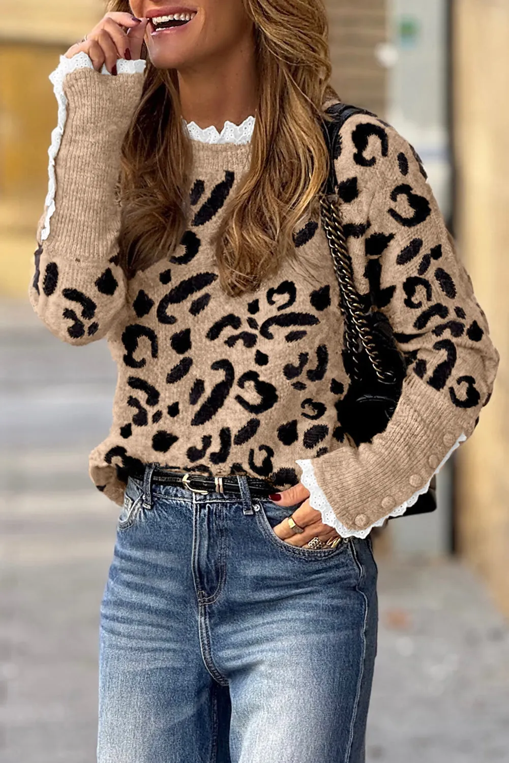 Brown Leopard Pattern Lace Ribbed Detail Button Cuffed Sweater sold by Beagle Boutique