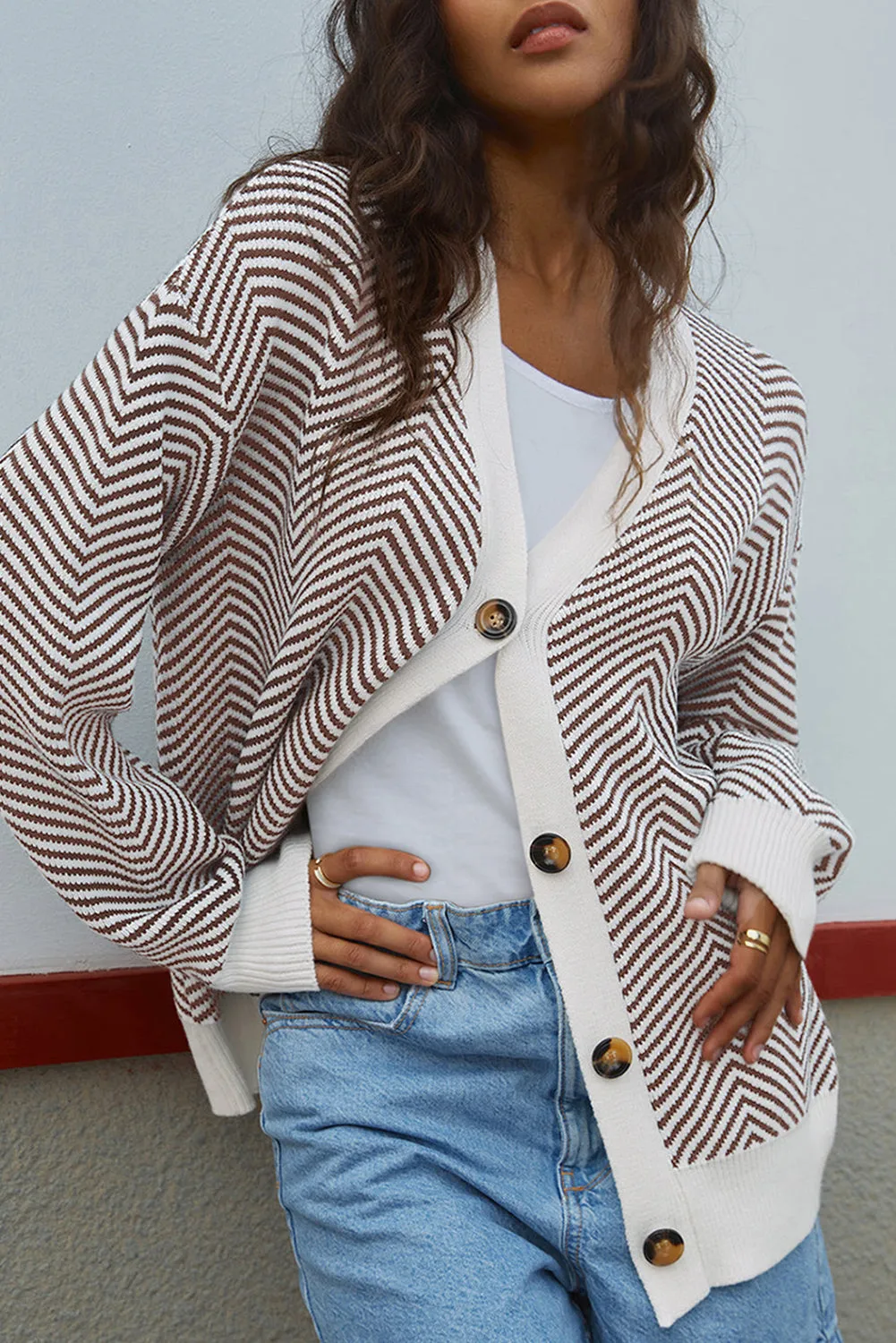 Buttoned V-Neck Chevron Striped Cardigan sold by Beagle Boutique product image thumbnail 4
