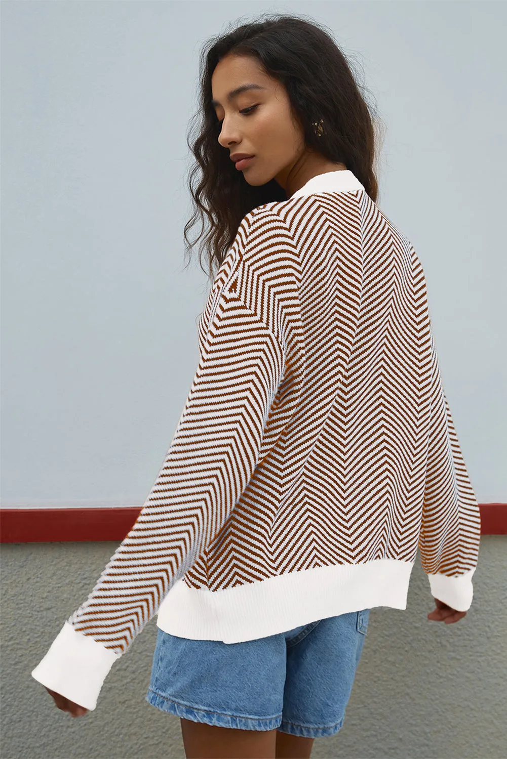Buttoned V-Neck Chevron Striped Cardigan sold by Beagle Boutique product image thumbnail 5
