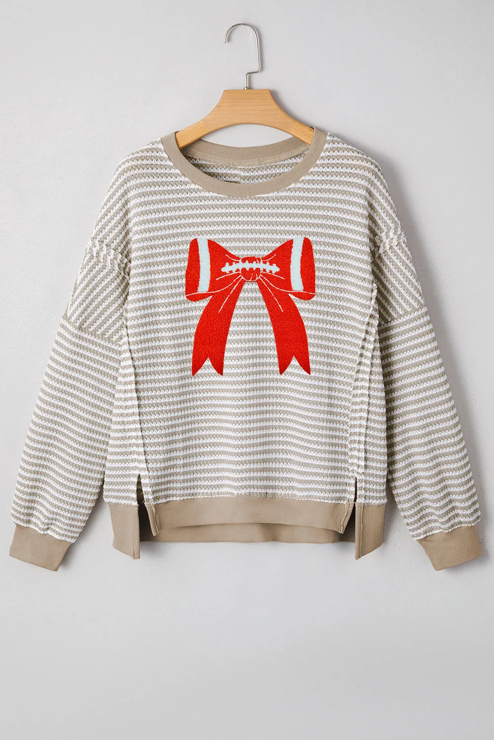 Striped Chenille Bow Patched Drop Shoulder Long Sleeve Top sold by Beagle Boutique product image thumbnail 3