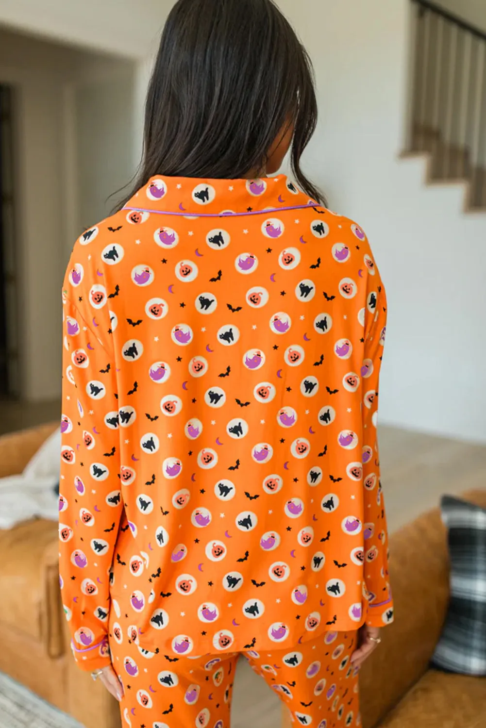 Orange Halloween Print Lapel Shirt Long 2pcs Pyjama Set sold by Beagle Boutique product image thumbnail 2