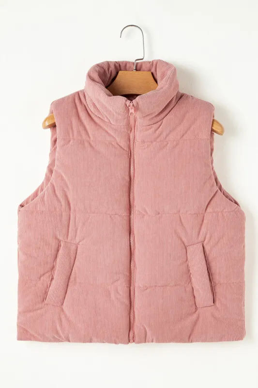Pink Cord Stand Neck Zipped Puffer Gilet sold by Beagle Boutique