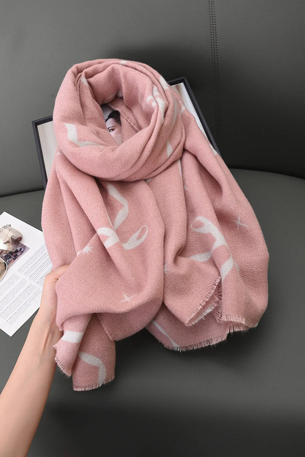 Bow Print Raw Edge Lightweight Scarf sold by Beagle Boutique product image thumbnail 2