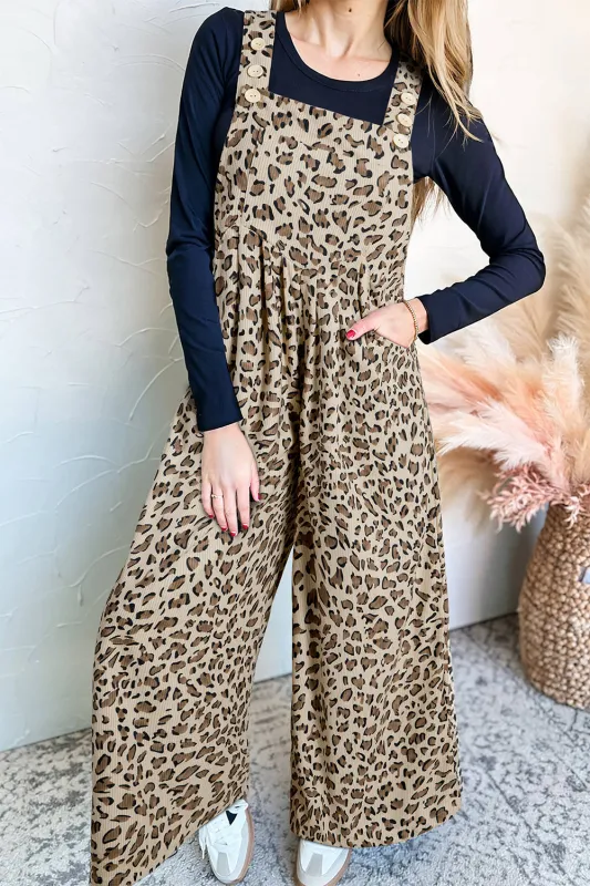 Brown Leopard Bib Wide Leg Jumpsuit sold by Beagle Boutique