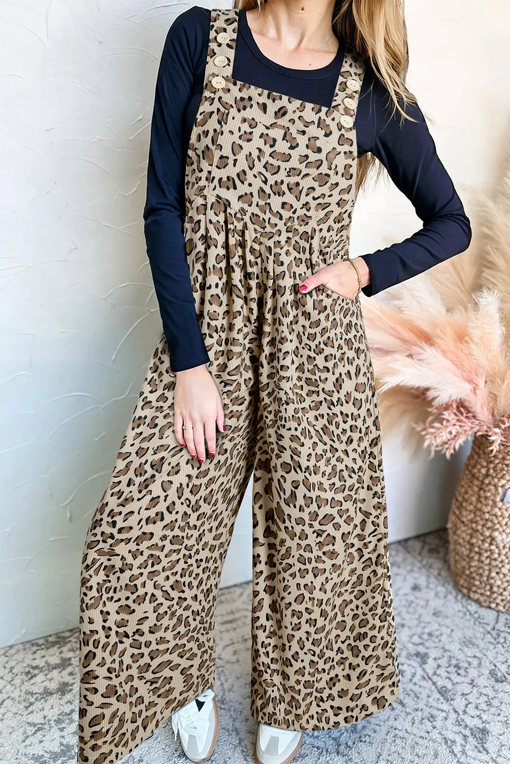 Brown Leopard Bib Wide Leg Jumpsuit sold by Beagle Boutique