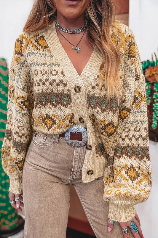 Khaki Western Pattern Knit Button V-Neck Cardigan sold by Beagle Boutique