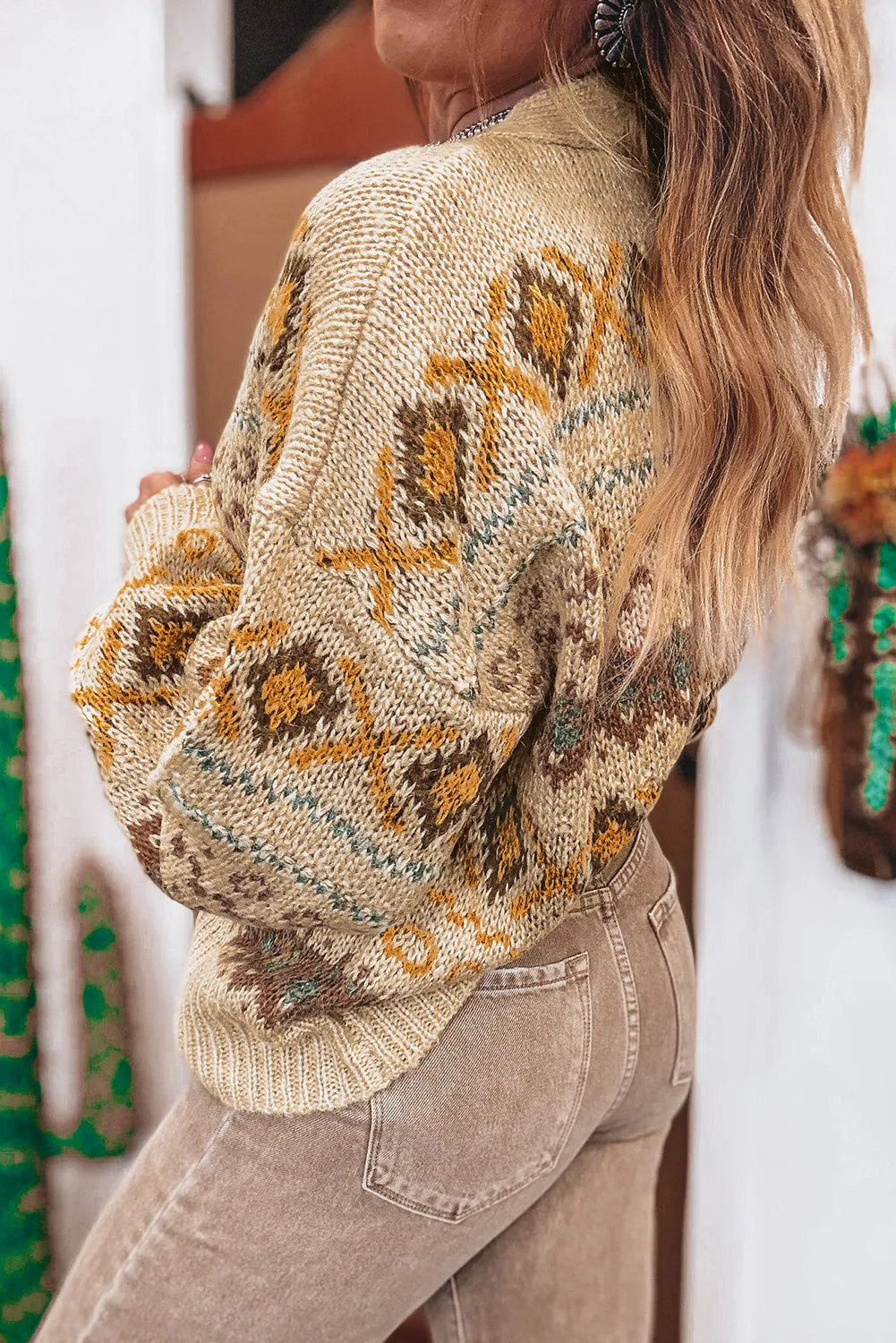 Khaki Western Pattern Knit Button V-Neck Cardigan sold by Beagle Boutique product image thumbnail 2