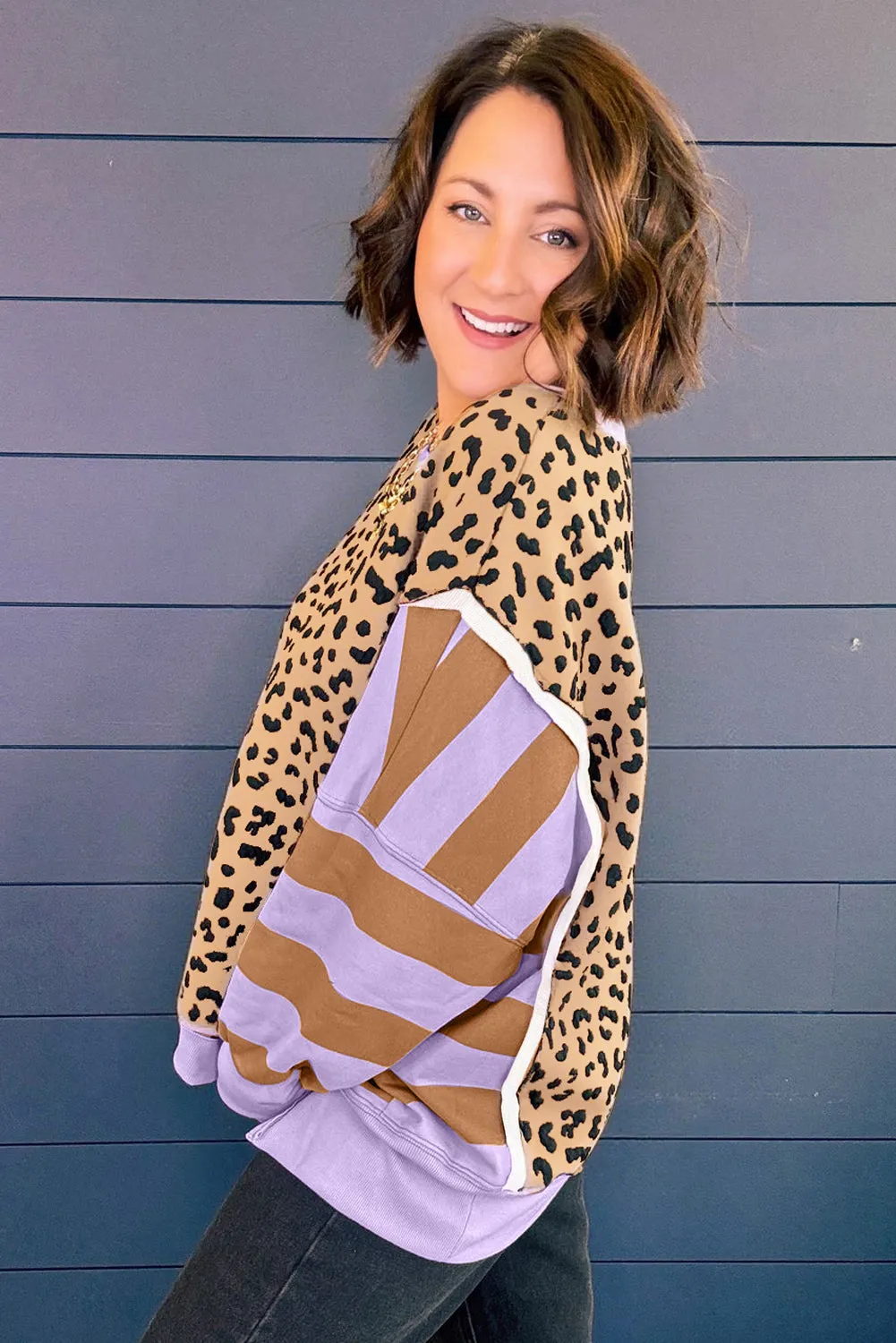 Leopard Striped Patchwork Plus Size Loose Sweatshirt sold by Beagle Boutique product image thumbnail 2