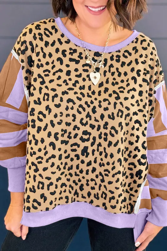 Leopard Striped Patchwork Plus Size Loose Sweatshirt sold by Beagle Boutique