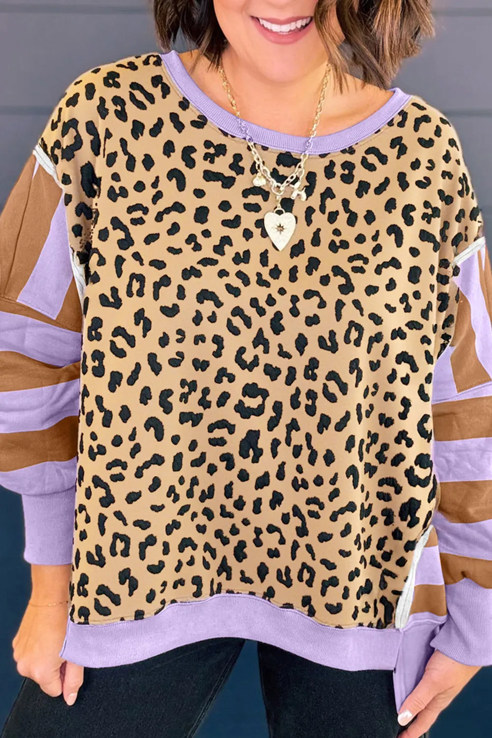 Leopard Striped Patchwork Plus Size Loose Sweatshirt sold by Beagle Boutique
