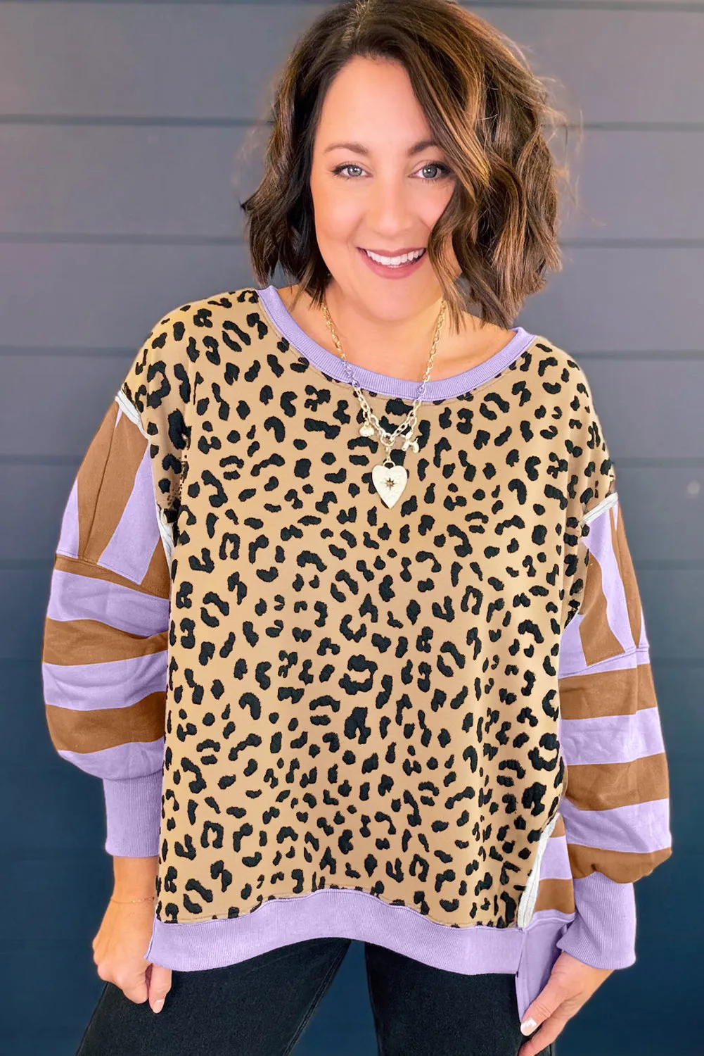 Leopard Striped Patchwork Plus Size Loose Sweatshirt sold by Beagle Boutique product image thumbnail 3