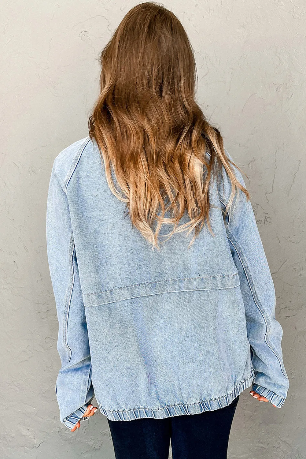 Blue Elastic Edge Collared Zip Up Denim Jacket With Pocket sold by Beagle Boutique product image thumbnail 2