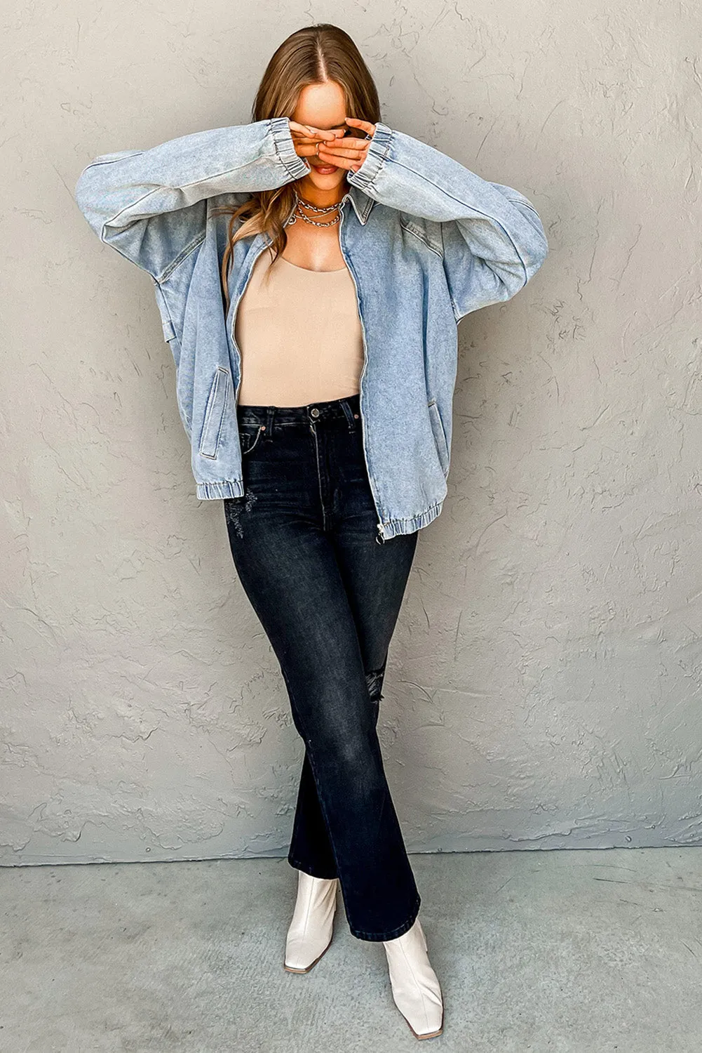 Blue Elastic Edge Collared Zip Up Denim Jacket With Pocket sold by Beagle Boutique product image thumbnail 5