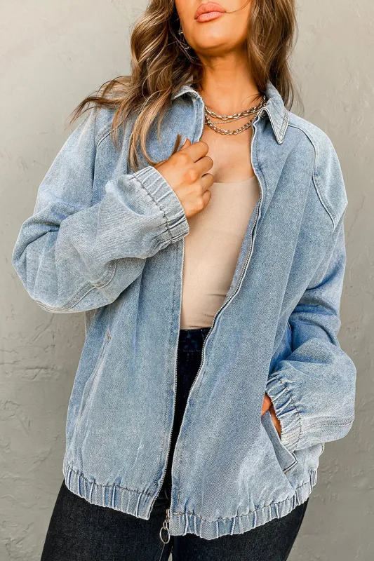 Blue Elastic Edge Collared Zip Up Denim Jacket With Pocket sold by Beagle Boutique
