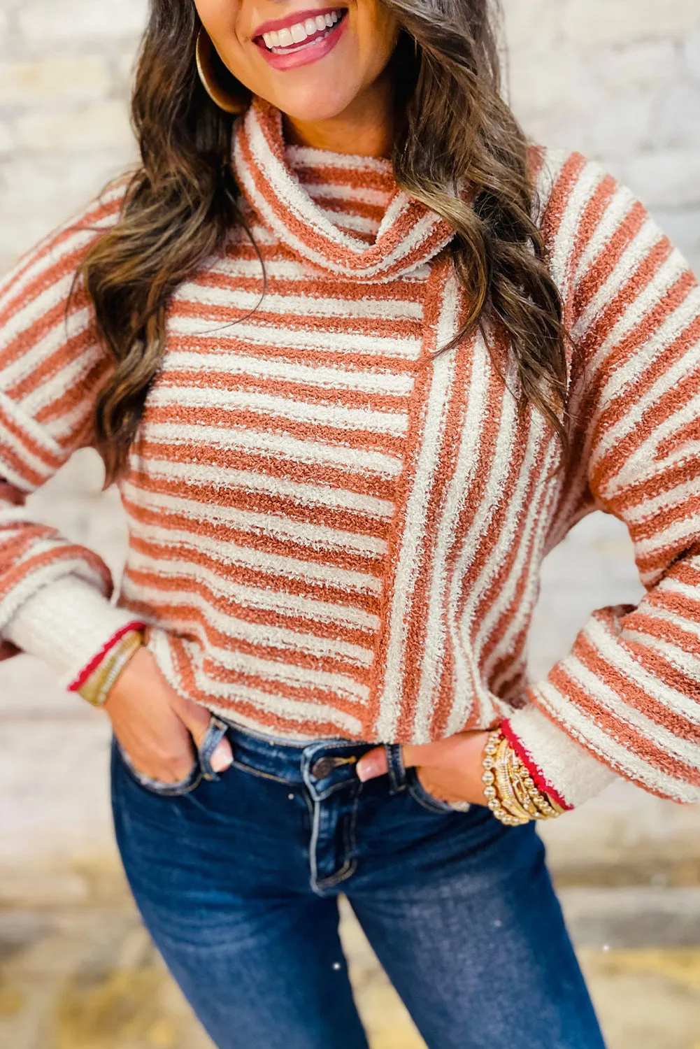Orange Stripe Cowl Neck Drop Shoulder Sweater sold by Beagle Boutique