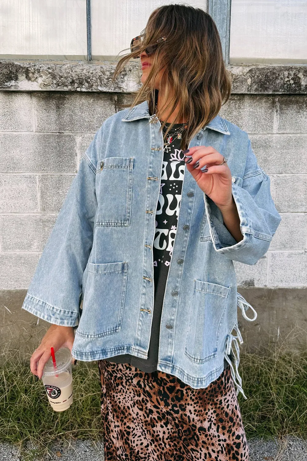 Beau Blue Multi Patched Pockets Side Tie up Boyfriend Style Denim Jacket sold by Beagle Boutique product image thumbnail 3
