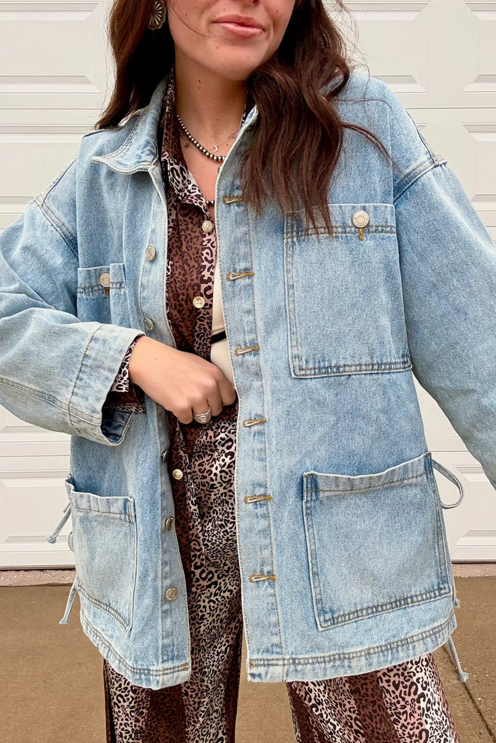 Beau Blue Multi Patched Pockets Side Tie up Boyfriend Style Denim Jacket sold by Beagle Boutique