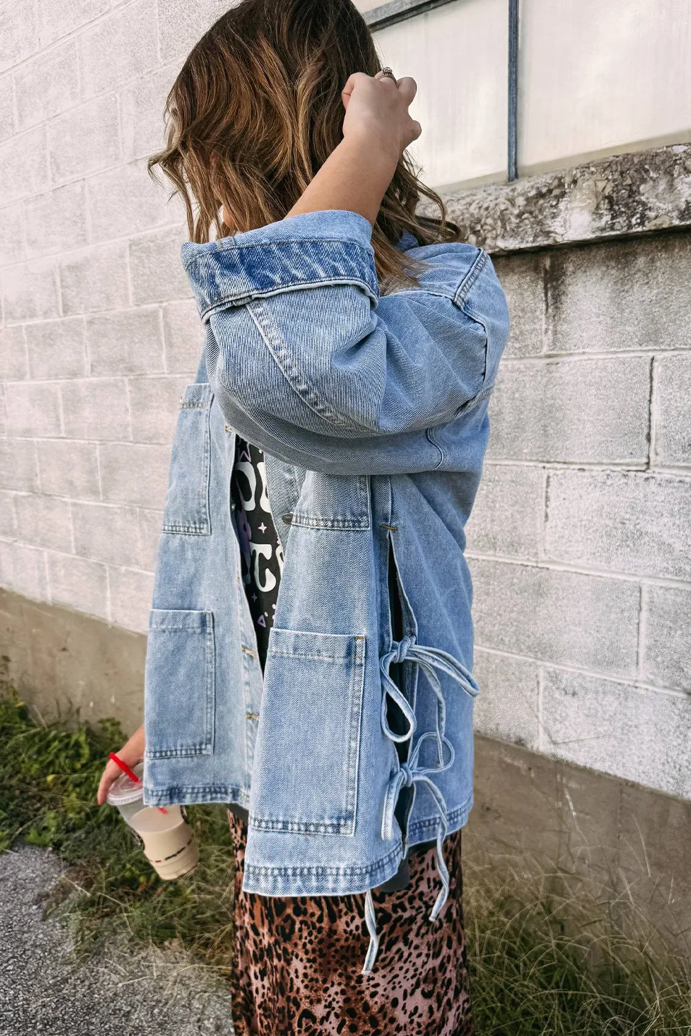 Beau Blue Multi Patched Pockets Side Tie up Boyfriend Style Denim Jacket sold by Beagle Boutique product image thumbnail 2