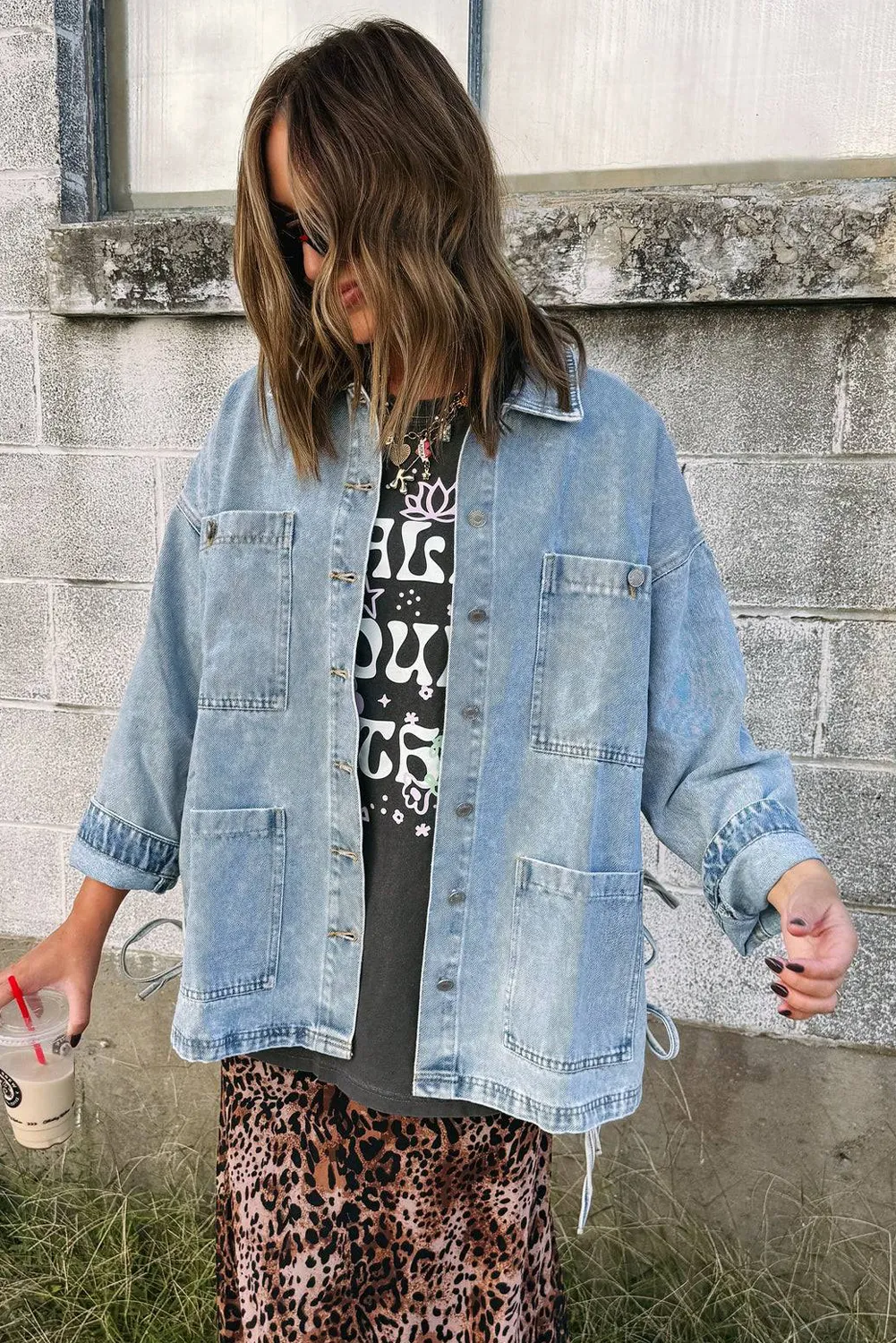 Beau Blue Multi Patched Pockets Side Tie up Boyfriend Style Denim Jacket sold by Beagle Boutique product image thumbnail 4