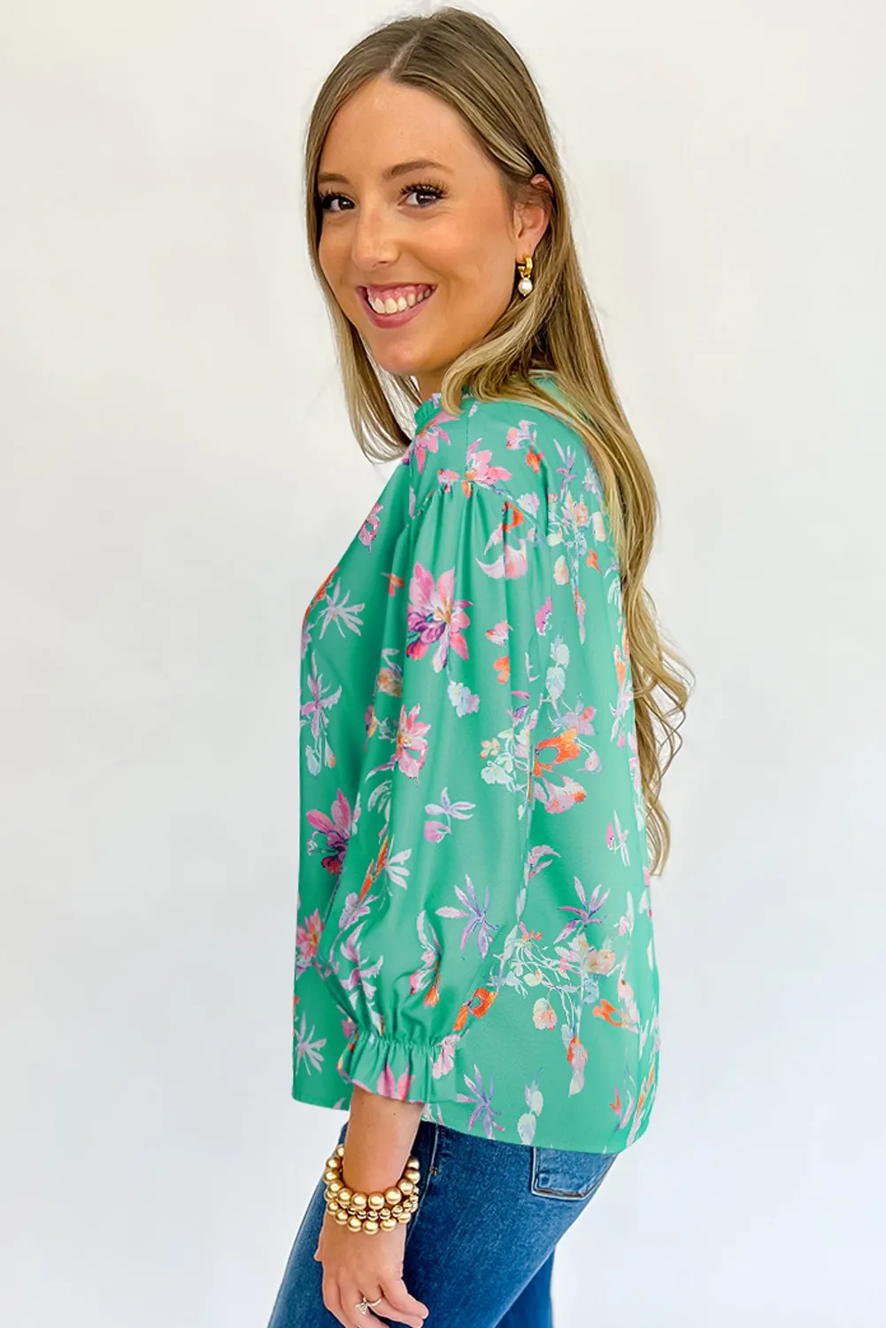 Green Floral Lantern Sleeve Button Front Shirt sold by Beagle Boutique product image thumbnail 2