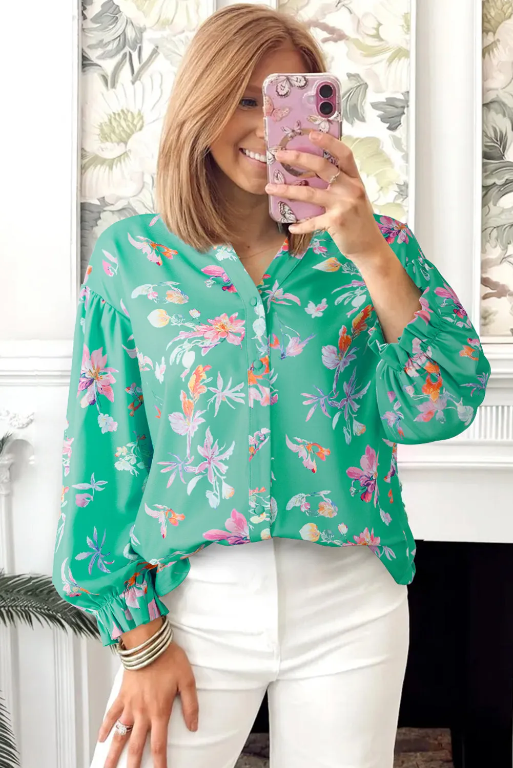 Green Floral Lantern Sleeve Button Front Shirt sold by Beagle Boutique product image thumbnail 3