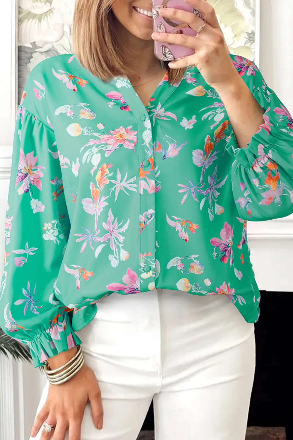 Green Floral Lantern Sleeve Button Front Shirt sold by Beagle Boutique