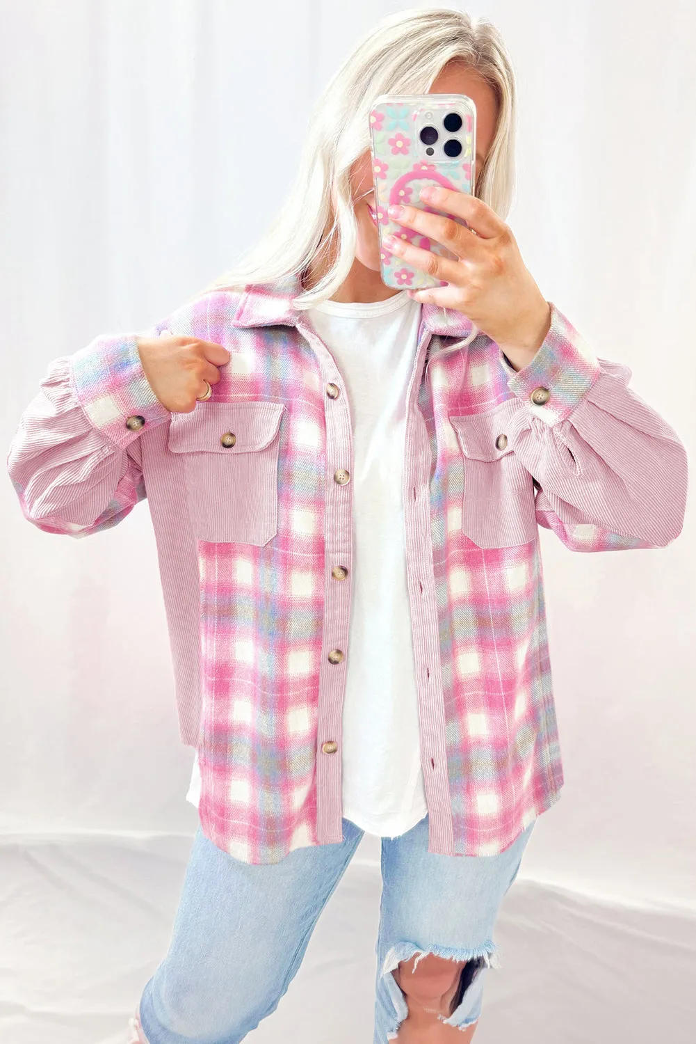 Pink Brushed Plaid Ribbed Flap Pockets Patchwork Shacket sold by Beagle Boutique product image thumbnail 4