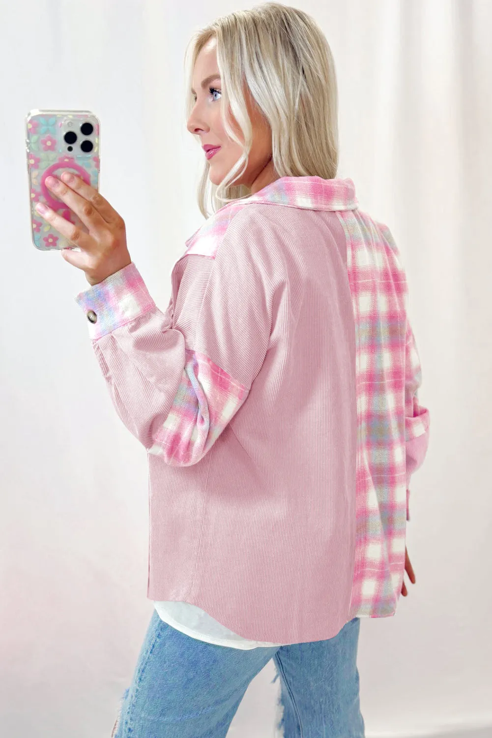 Pink Brushed Plaid Ribbed Flap Pockets Patchwork Shacket sold by Beagle Boutique product image thumbnail 2