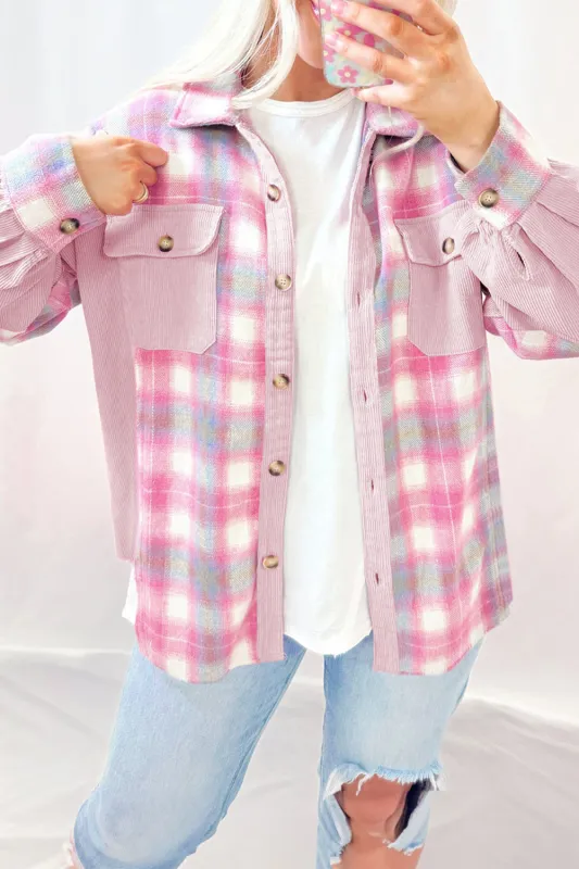 Pink Brushed Plaid Ribbed Flap Pockets Patchwork Shacket sold by Beagle Boutique