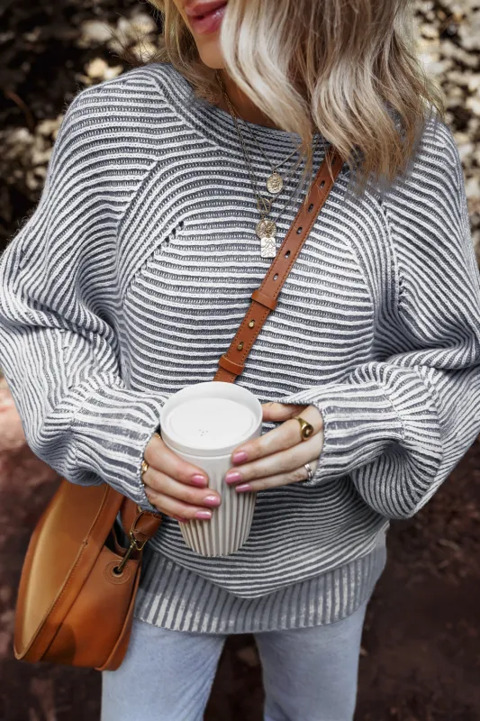 Striped Print Ribbed Knit Boat Neck Baggy Sweater sold by Beagle Boutique
