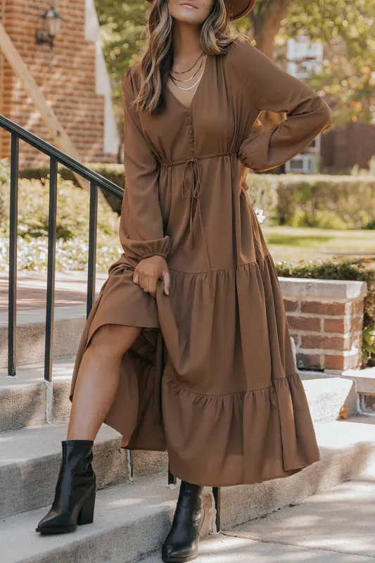 Long Sleeve Button V-Neck Tiered Maxi Dress sold by Beagle Boutique