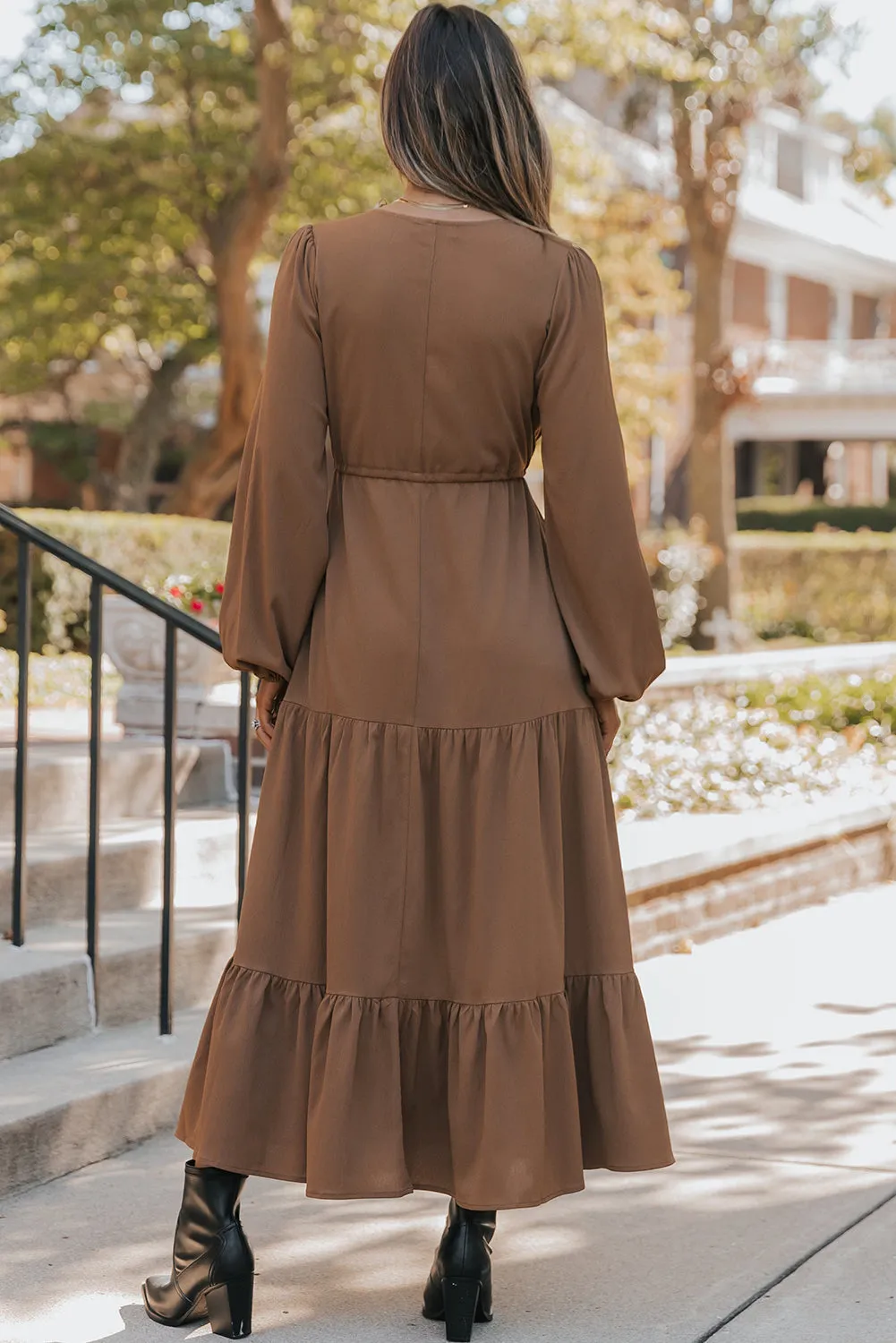Long Sleeve Button V-Neck Tiered Maxi Dress sold by Beagle Boutique product image thumbnail 2