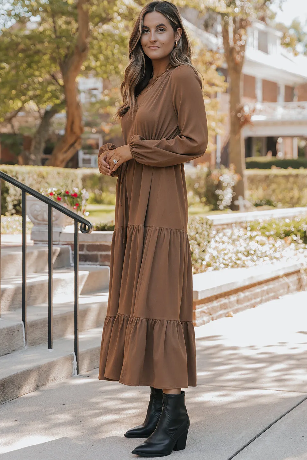 Long Sleeve Button V-Neck Tiered Maxi Dress sold by Beagle Boutique product image thumbnail 3