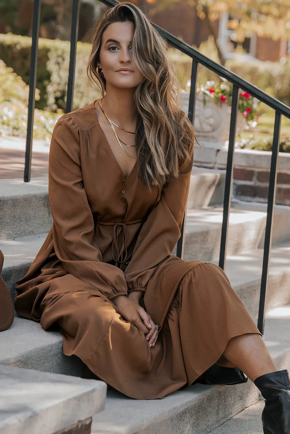 Long Sleeve Button V-Neck Tiered Maxi Dress sold by Beagle Boutique product image thumbnail 4